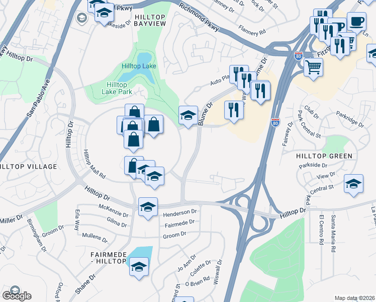 map of restaurants, bars, coffee shops, grocery stores, and more near 3150 Hilltop Mall Road in Richmond