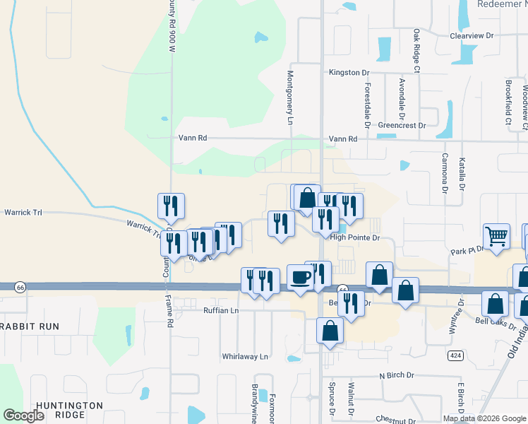 map of restaurants, bars, coffee shops, grocery stores, and more near 8707 High Pointe Drive in Newburgh