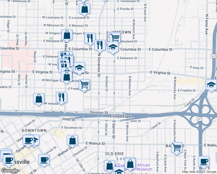 map of restaurants, bars, coffee shops, grocery stores, and more near 421 East Franklin Street in Evansville