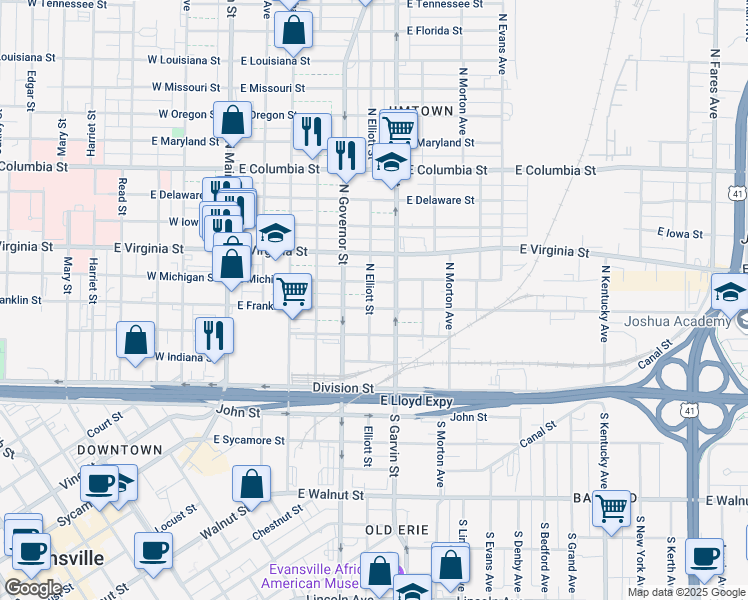 map of restaurants, bars, coffee shops, grocery stores, and more near 421 East Franklin Street in Evansville