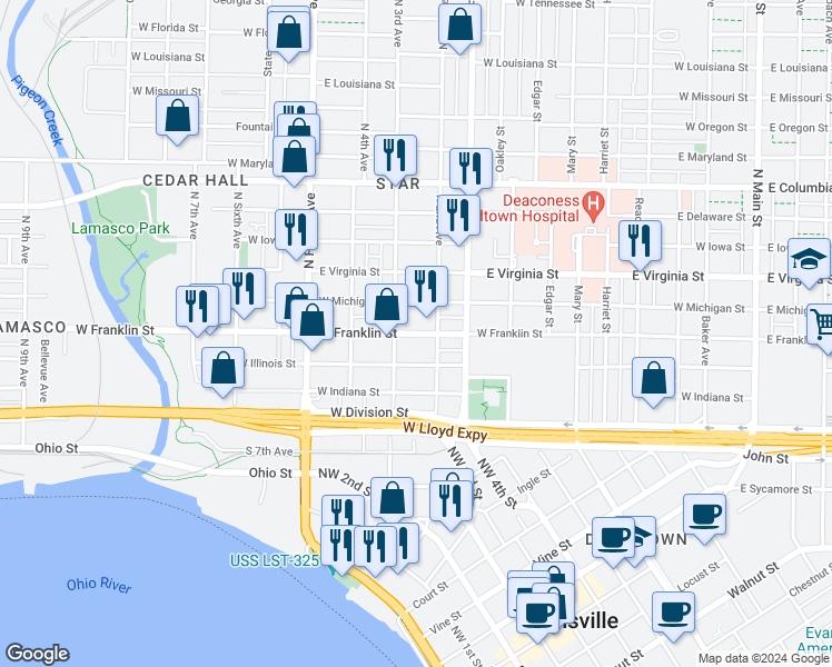 map of restaurants, bars, coffee shops, grocery stores, and more near 215 North 3rd Avenue in Evansville