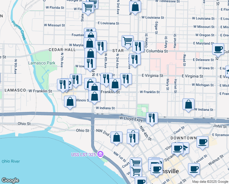 map of restaurants, bars, coffee shops, grocery stores, and more near 215 North 3rd Avenue in Evansville