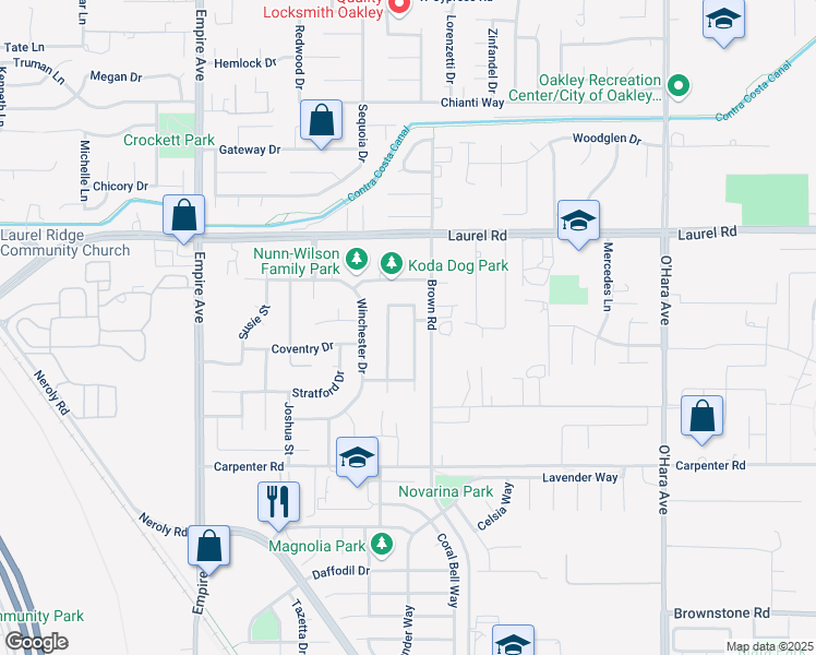 map of restaurants, bars, coffee shops, grocery stores, and more near 1318 Birmingham Street in Oakley
