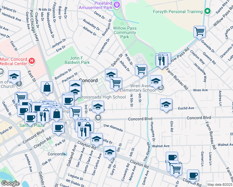 map of restaurants, bars, coffee shops, grocery stores, and more near 3018 Willow Pass Road in Concord