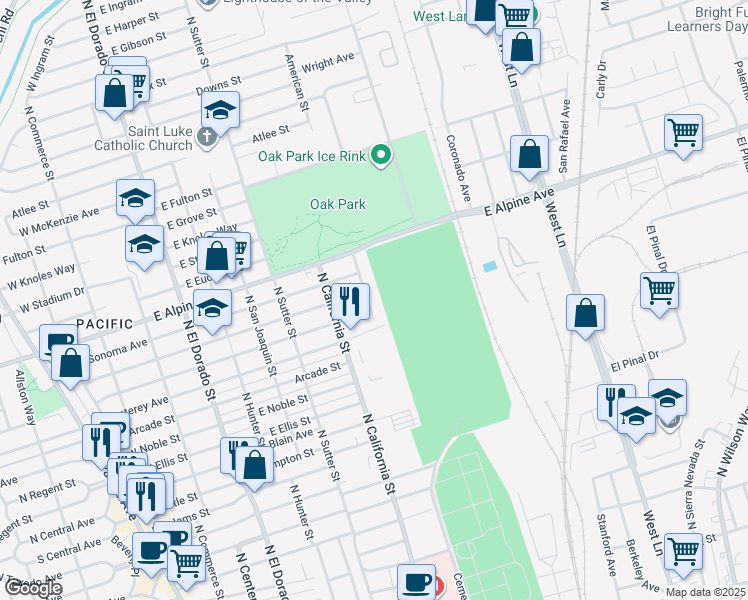 map of restaurants, bars, coffee shops, grocery stores, and more near 3026 American Street in Stockton