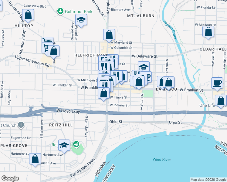 map of restaurants, bars, coffee shops, grocery stores, and more near 2315 West Illinois Street in Evansville
