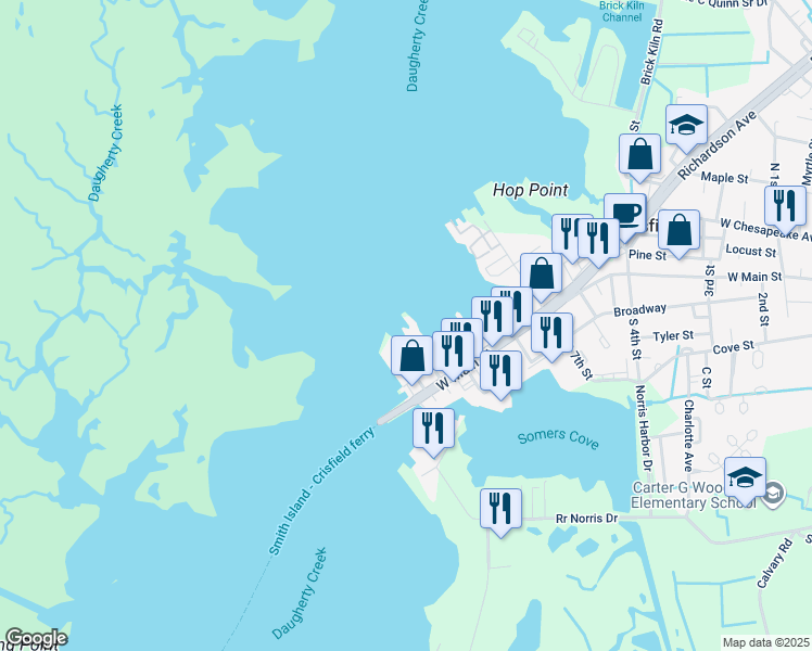 map of restaurants, bars, coffee shops, grocery stores, and more near 102 North 10th Street in Crisfield