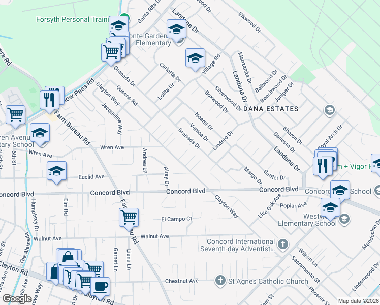 map of restaurants, bars, coffee shops, grocery stores, and more near 3530 Kevin Place in Concord