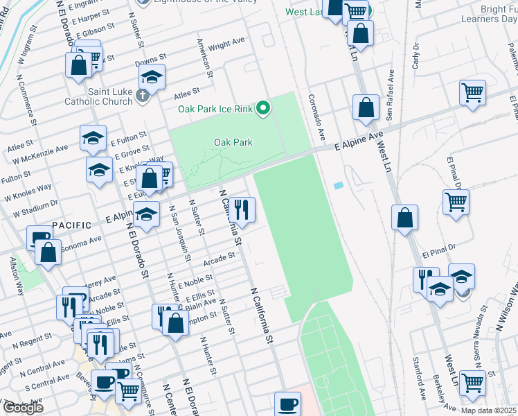 map of restaurants, bars, coffee shops, grocery stores, and more near 3026 American Street in Stockton