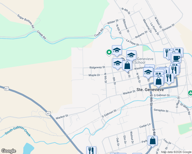 map of restaurants, bars, coffee shops, grocery stores, and more near 1044 Maple Drive in Ste. Genevieve