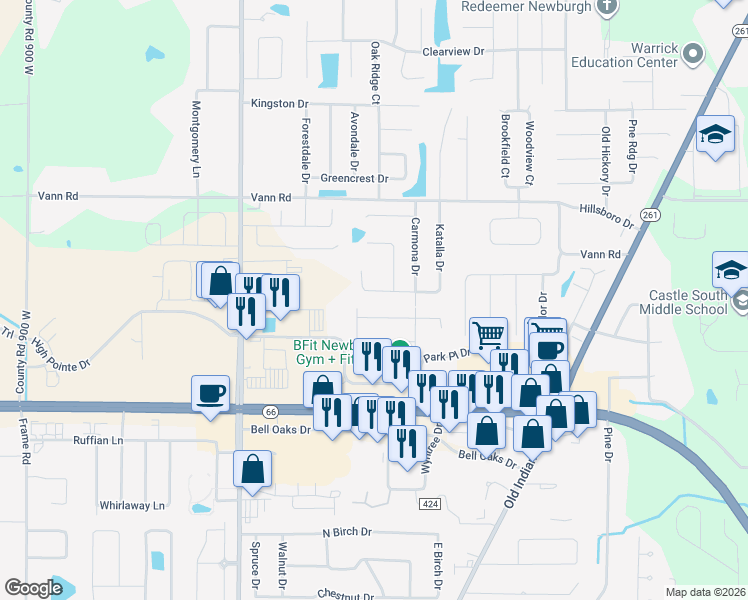 map of restaurants, bars, coffee shops, grocery stores, and more near 8113 Covington Court in Newburgh