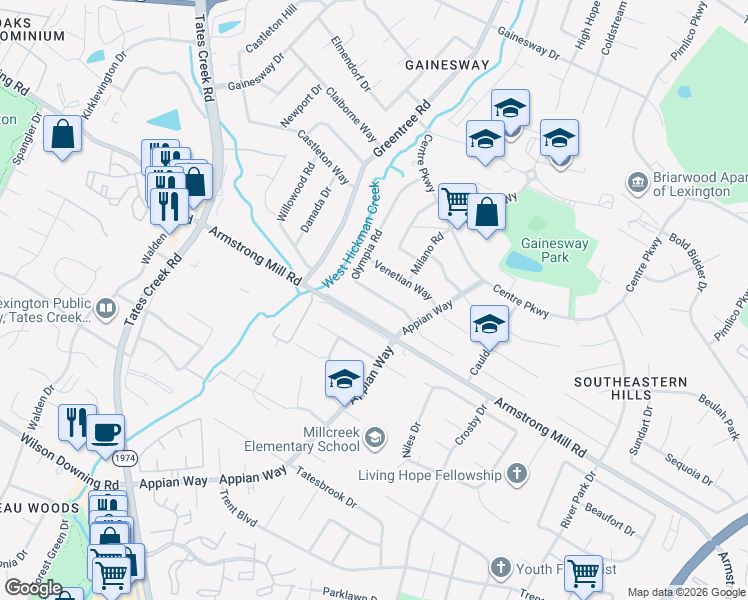 map of restaurants, bars, coffee shops, grocery stores, and more near 1157 Armstrong Mill Road in Lexington