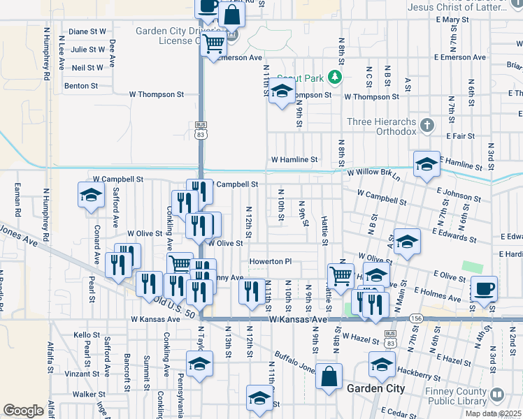 map of restaurants, bars, coffee shops, grocery stores, and more near 1607 N 11th St in Garden City