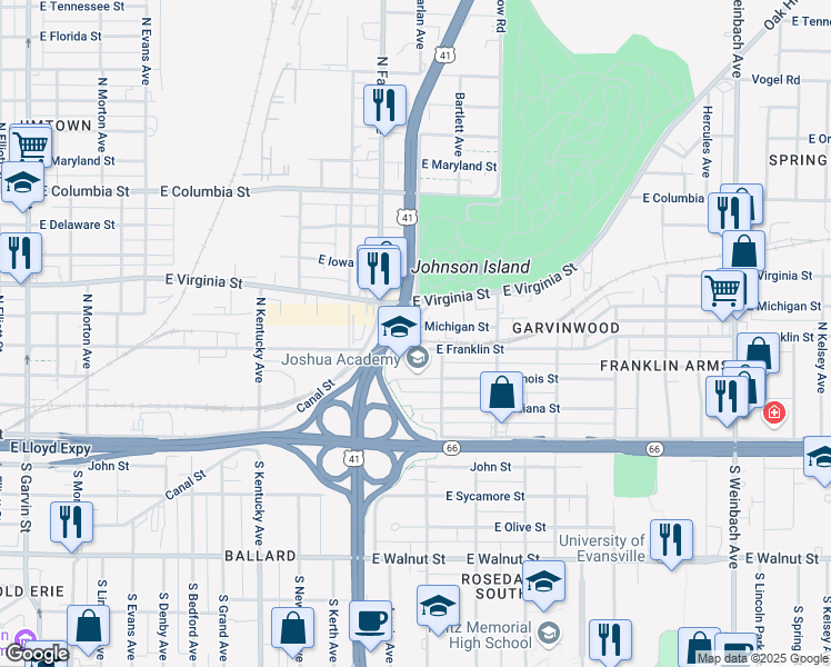 map of restaurants, bars, coffee shops, grocery stores, and more near 1249 E Franklin St in Evansville