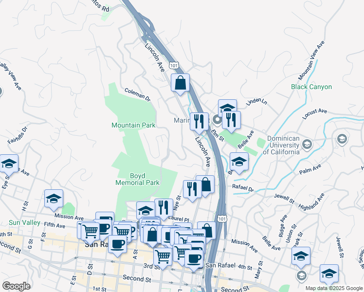 map of restaurants, bars, coffee shops, grocery stores, and more near 0 Coleman Drive in San Rafael