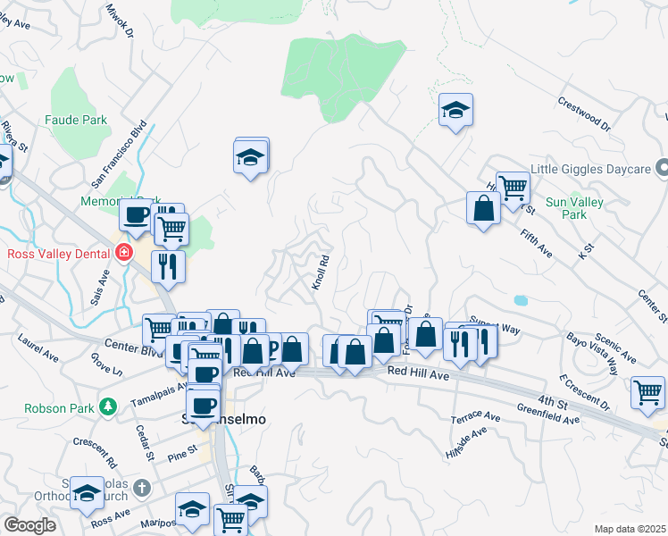 map of restaurants, bars, coffee shops, grocery stores, and more near 9 Oak Hill Drive in San Anselmo