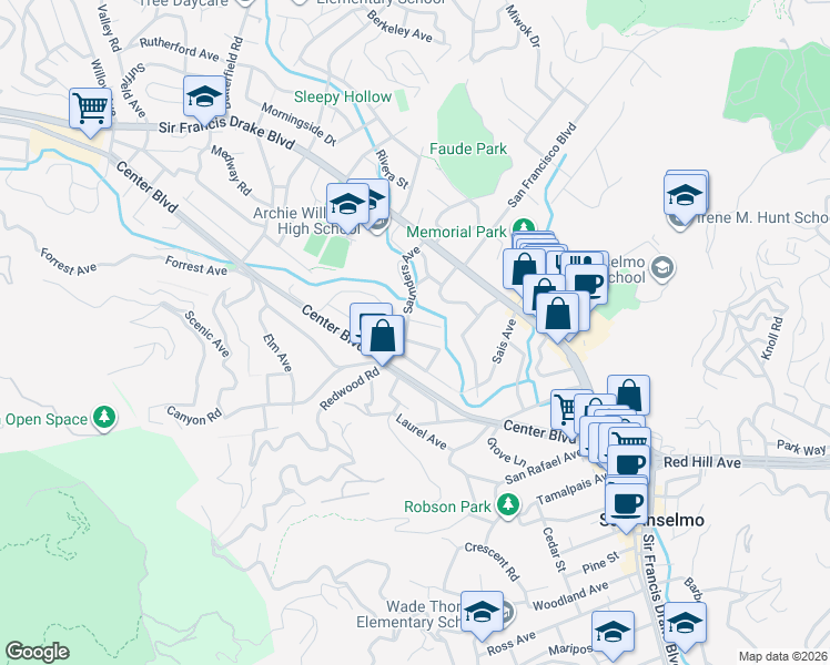 map of restaurants, bars, coffee shops, grocery stores, and more near 110 Saunders Avenue in San Anselmo