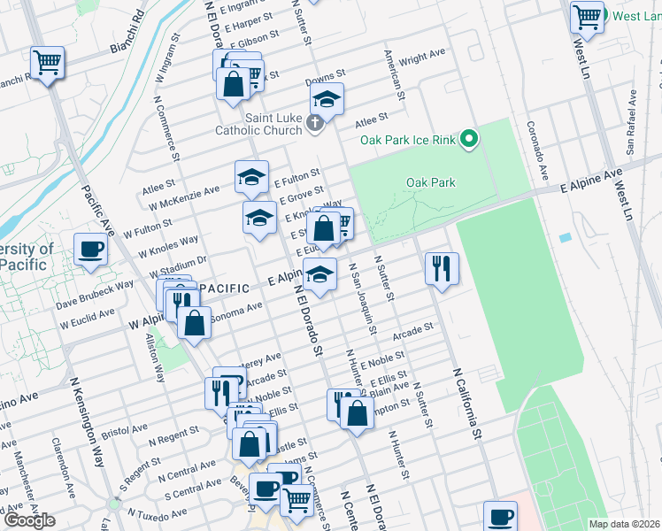 map of restaurants, bars, coffee shops, grocery stores, and more near 210 East Alpine Avenue in Stockton