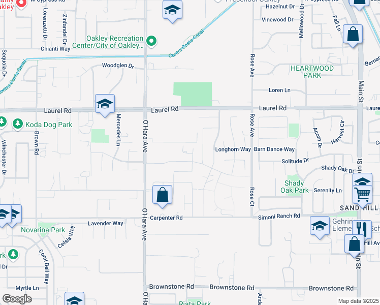 map of restaurants, bars, coffee shops, grocery stores, and more near 31 Grapevine Court in Oakley