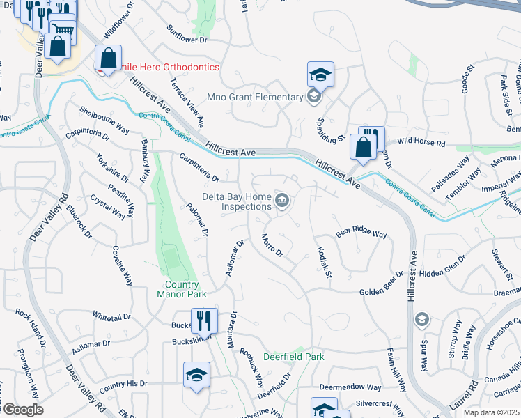 map of restaurants, bars, coffee shops, grocery stores, and more near Winding Ln & San Gregorio Dr in Antioch