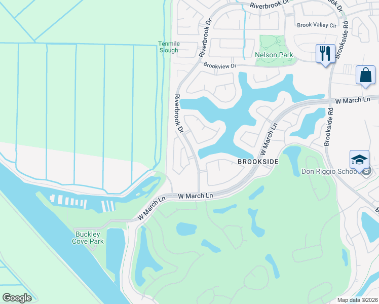 map of restaurants, bars, coffee shops, grocery stores, and more near 4805 Timepiece Circle in Stockton