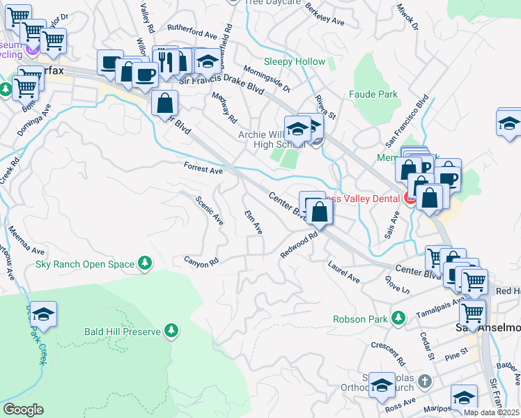 map of restaurants, bars, coffee shops, grocery stores, and more near 1355 San Anselmo Avenue in San Anselmo