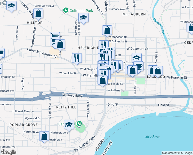 map of restaurants, bars, coffee shops, grocery stores, and more near 2419 West Illinois Street in Evansville