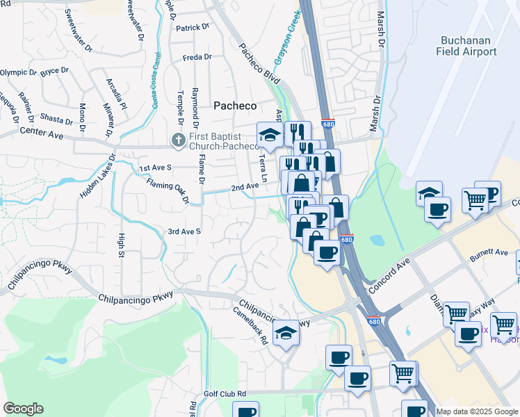 map of restaurants, bars, coffee shops, grocery stores, and more near 747 Camelback Road in Pleasant Hill