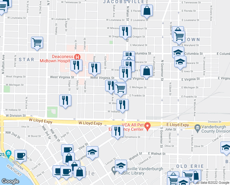 map of restaurants, bars, coffee shops, grocery stores, and more near 331 Baker Avenue in Evansville
