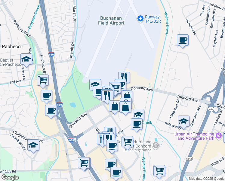 map of restaurants, bars, coffee shops, grocery stores, and more near 45 John Glenn Drive in Concord