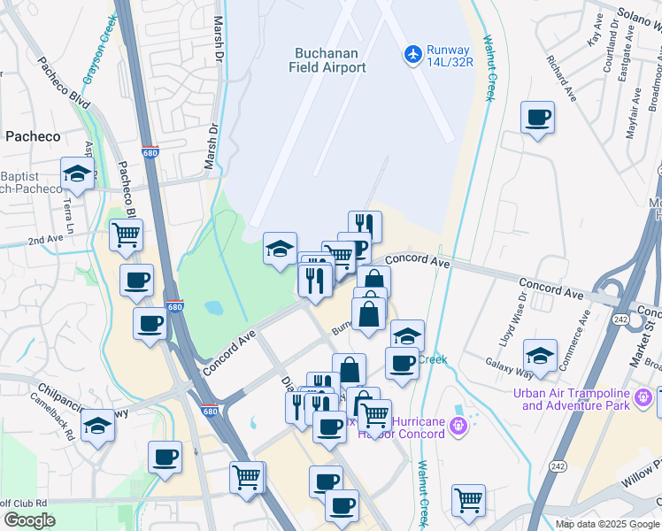 map of restaurants, bars, coffee shops, grocery stores, and more near 45 John Glenn Drive in Concord