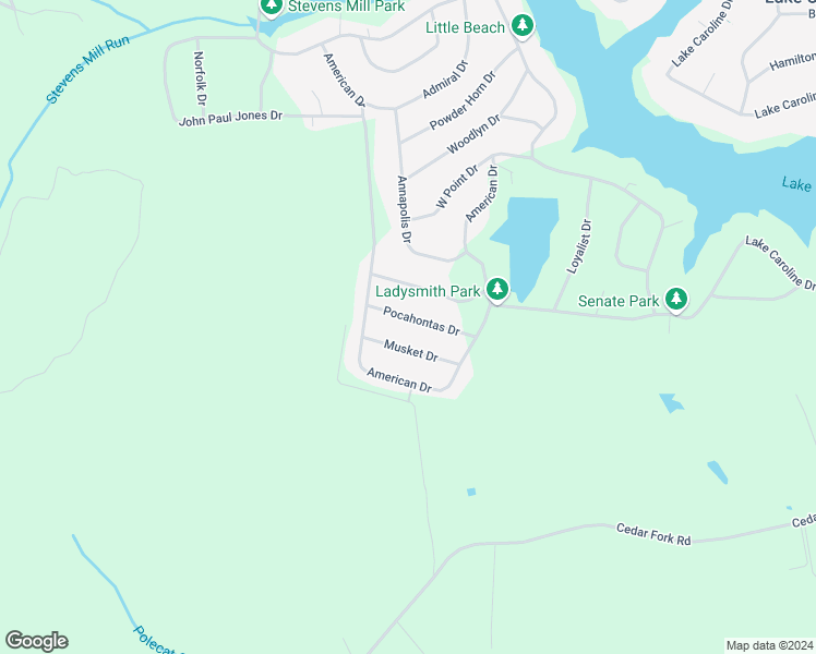 map of restaurants, bars, coffee shops, grocery stores, and more near 415 Pocahontas Drive in Ruther Glen