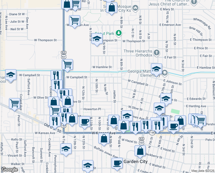 map of restaurants, bars, coffee shops, grocery stores, and more near 1601 Hattie Street in Garden City