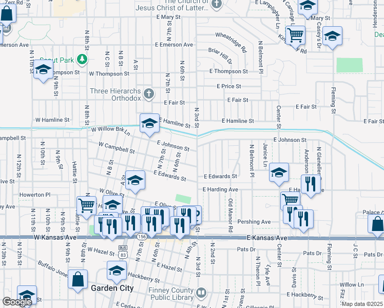 map of restaurants, bars, coffee shops, grocery stores, and more near 303 E Campbell St in Garden City