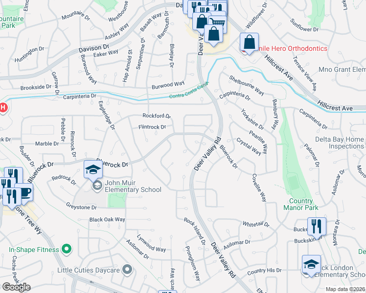 map of restaurants, bars, coffee shops, grocery stores, and more near 4030 Moraine Court in Antioch