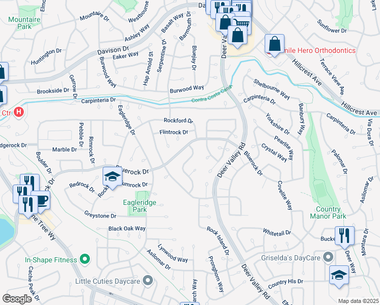 map of restaurants, bars, coffee shops, grocery stores, and more near 4121 Limestone Drive in Antioch