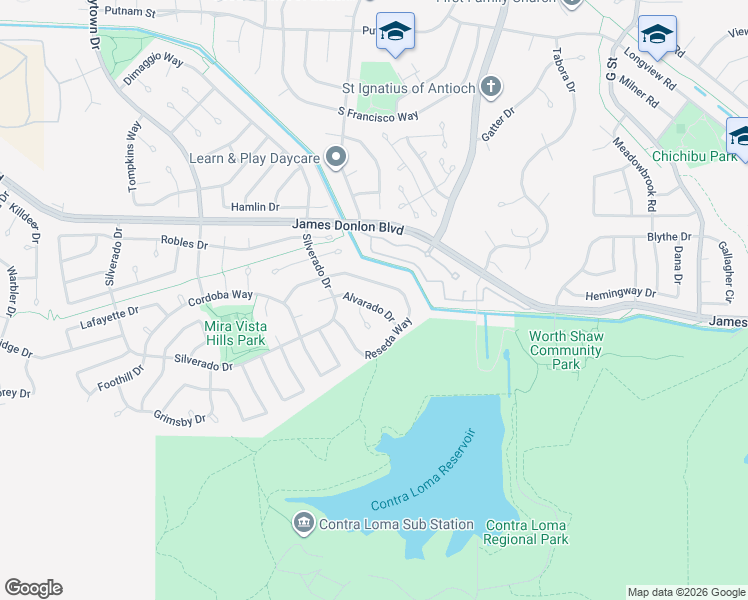 map of restaurants, bars, coffee shops, grocery stores, and more near 2014 Lanitos Court in Antioch