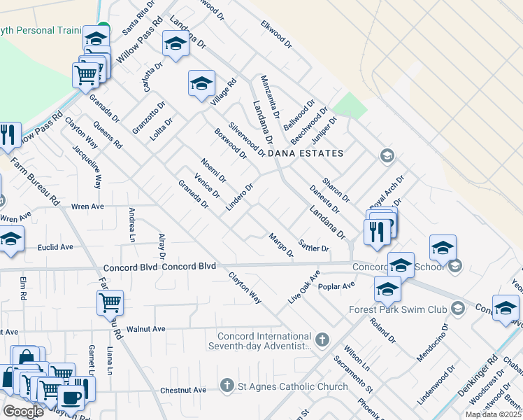map of restaurants, bars, coffee shops, grocery stores, and more near 1790 Margo Drive in Concord