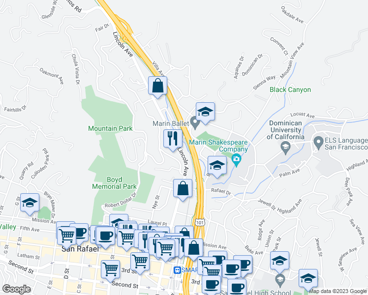 map of restaurants, bars, coffee shops, grocery stores, and more near 1458 Lincoln Avenue in San Rafael