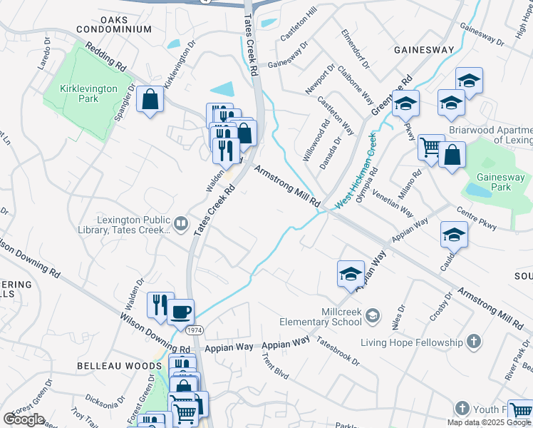 map of restaurants, bars, coffee shops, grocery stores, and more near 3749 Lady Di Lane in Lexington
