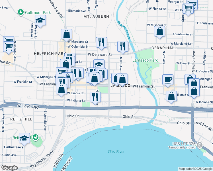 map of restaurants, bars, coffee shops, grocery stores, and more near 244-298 N Wabash Ave in Evansville