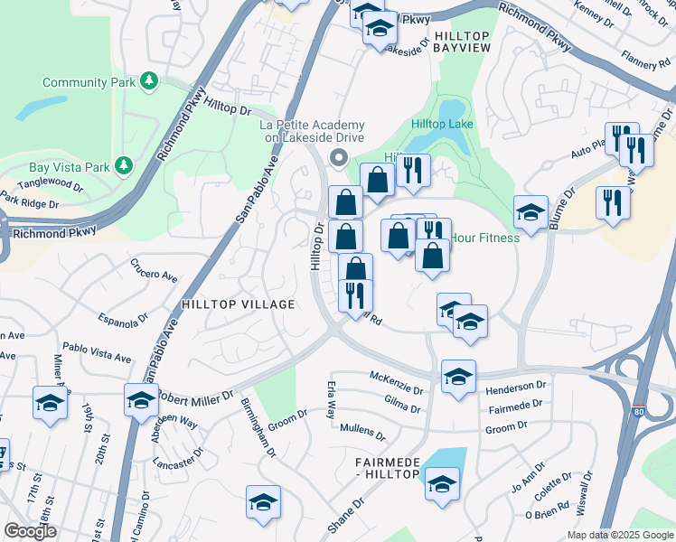 map of restaurants, bars, coffee shops, grocery stores, and more near Kite Way in Richmond