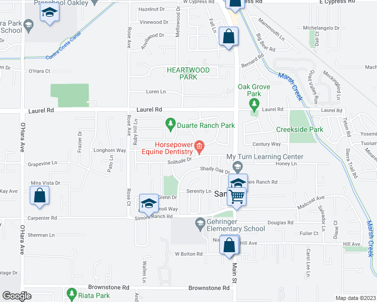 map of restaurants, bars, coffee shops, grocery stores, and more near 10 Fawn Court in Oakley