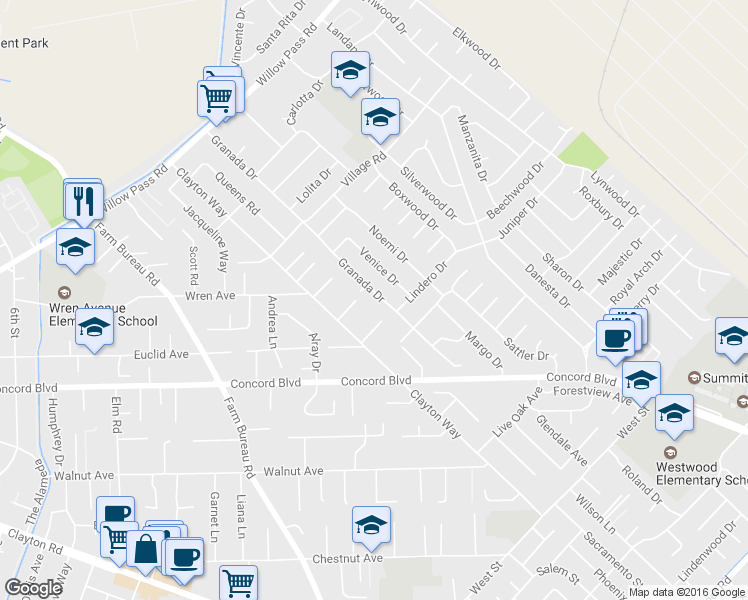 map of restaurants, bars, coffee shops, grocery stores, and more near 1815 Granada Drive in Concord