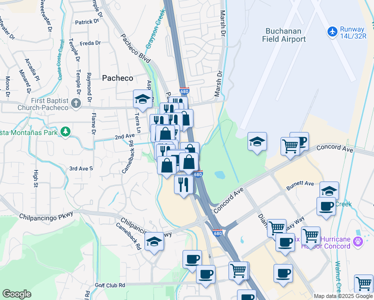 map of restaurants, bars, coffee shops, grocery stores, and more near 535 Contra Costa Boulevard in Pleasant Hill