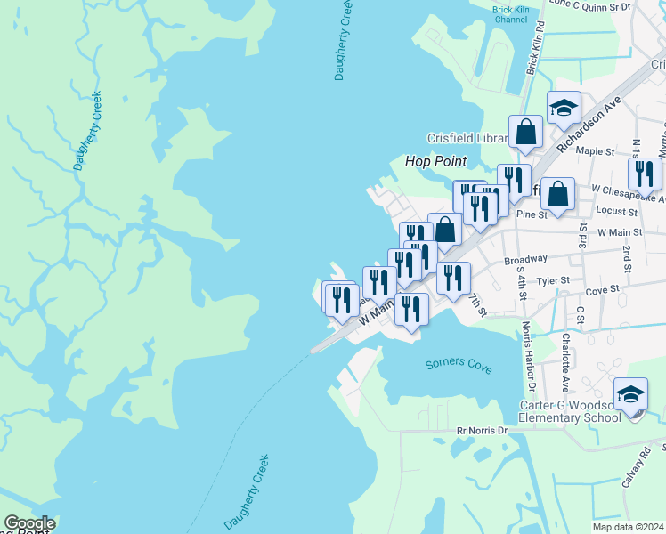 map of restaurants, bars, coffee shops, grocery stores, and more near 102 Williams Street in Crisfield