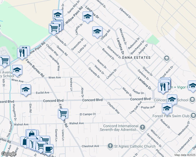 map of restaurants, bars, coffee shops, grocery stores, and more near 1826 Clayton Way in Concord