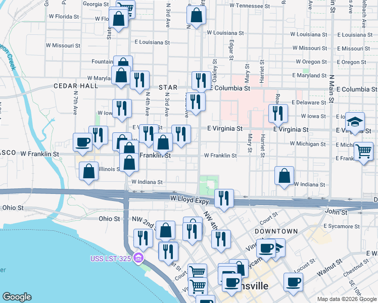 map of restaurants, bars, coffee shops, grocery stores, and more near 817 West Franklin Street in Evansville