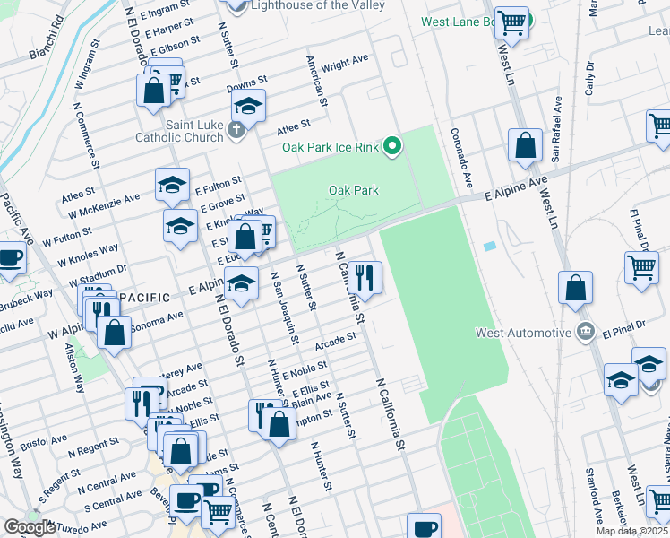 map of restaurants, bars, coffee shops, grocery stores, and more near 466 East Sonoma Avenue in Stockton