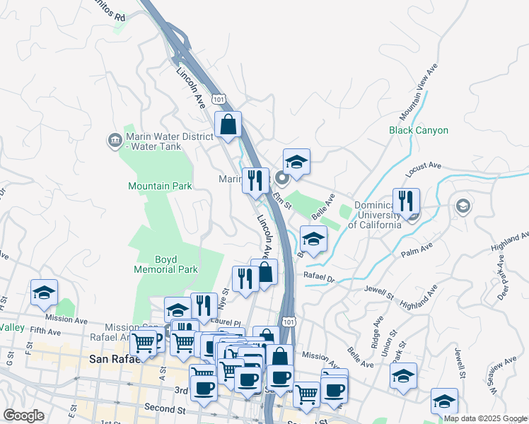 map of restaurants, bars, coffee shops, grocery stores, and more near 1476 Lincoln Avenue in San Rafael